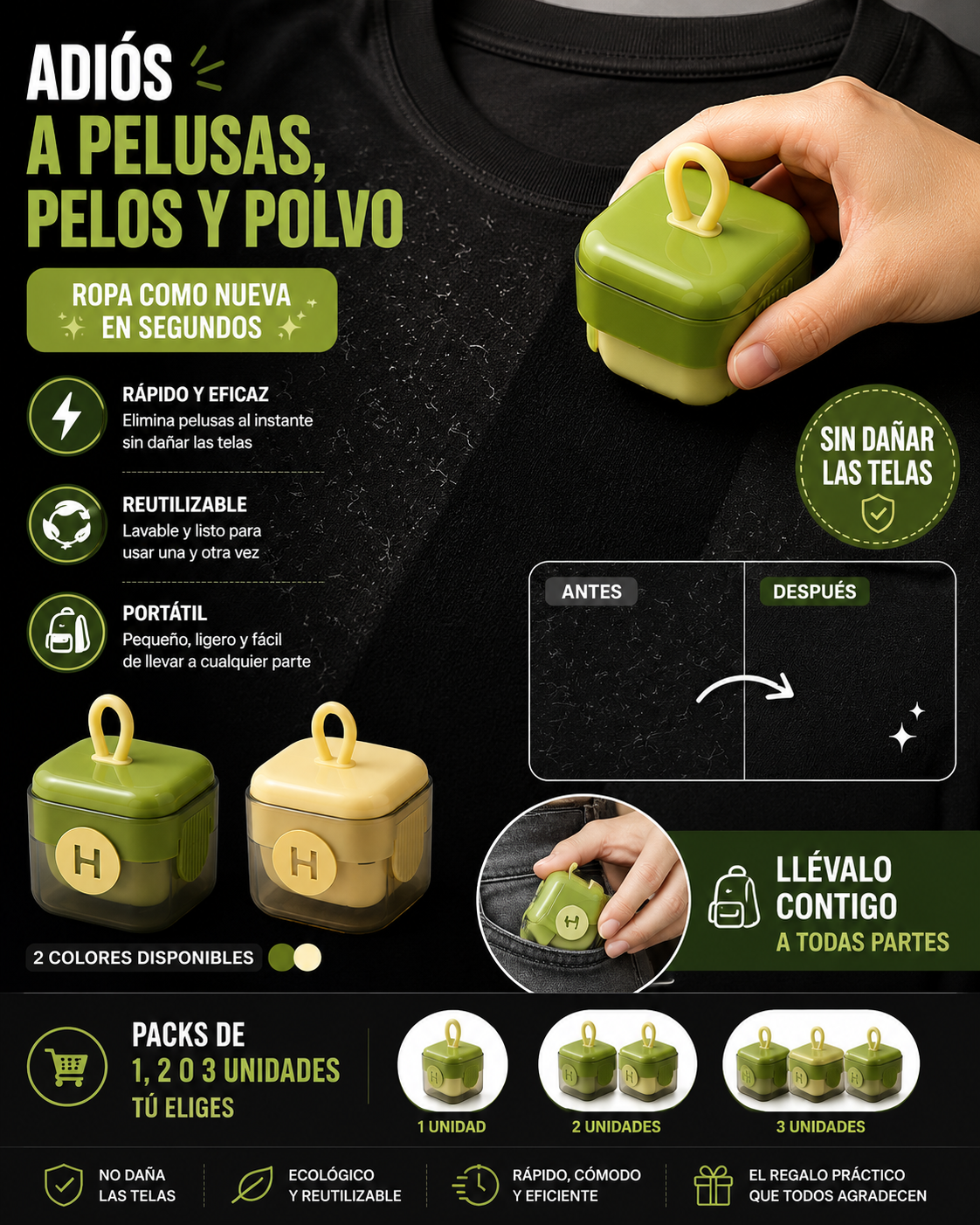 Quitapelusas Portátil Reutilizable para Ropa, Sofás y Pelo de Mascotas